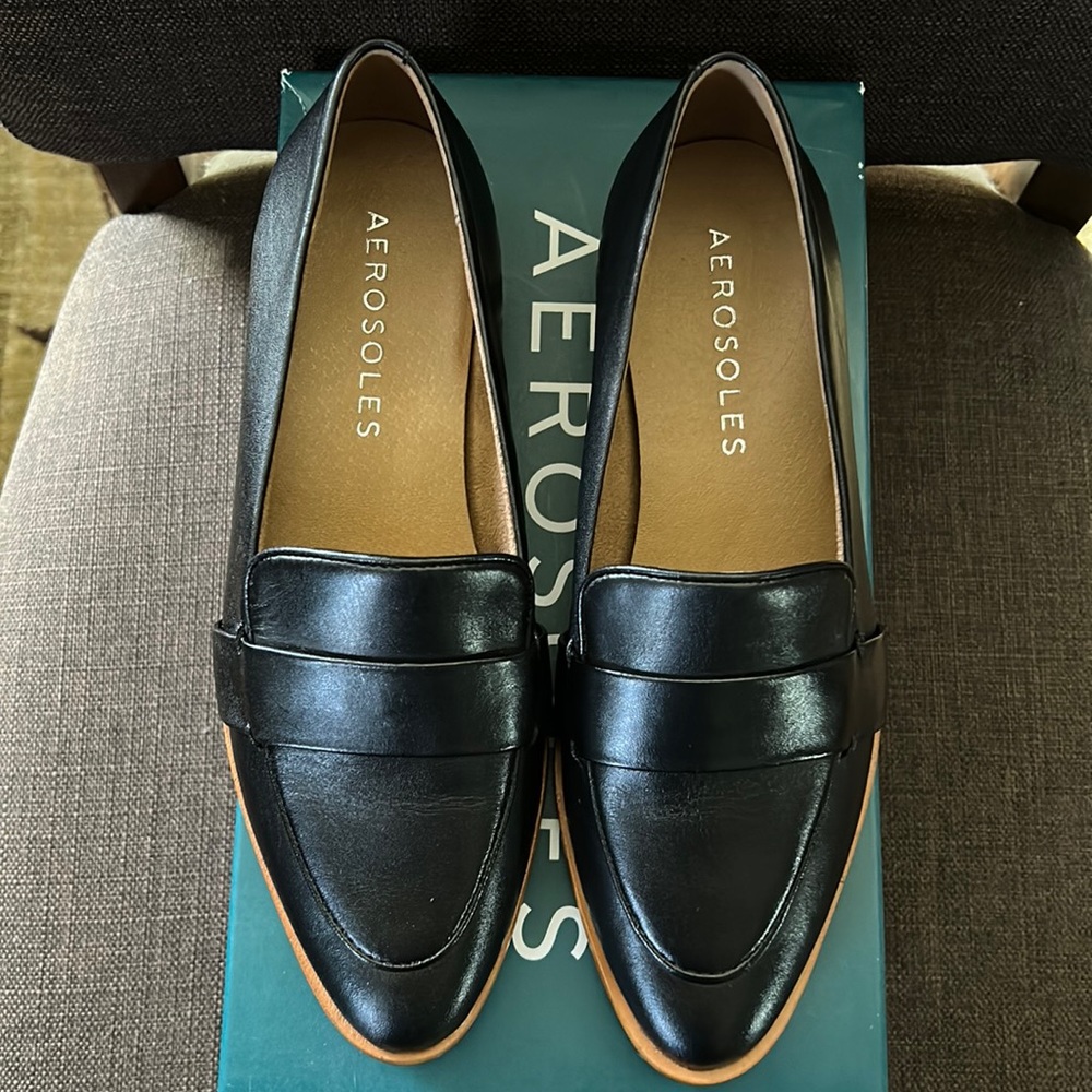 Aerosoles Black Flat Loafer 6.5. New with box. Small scuff. Runs small.